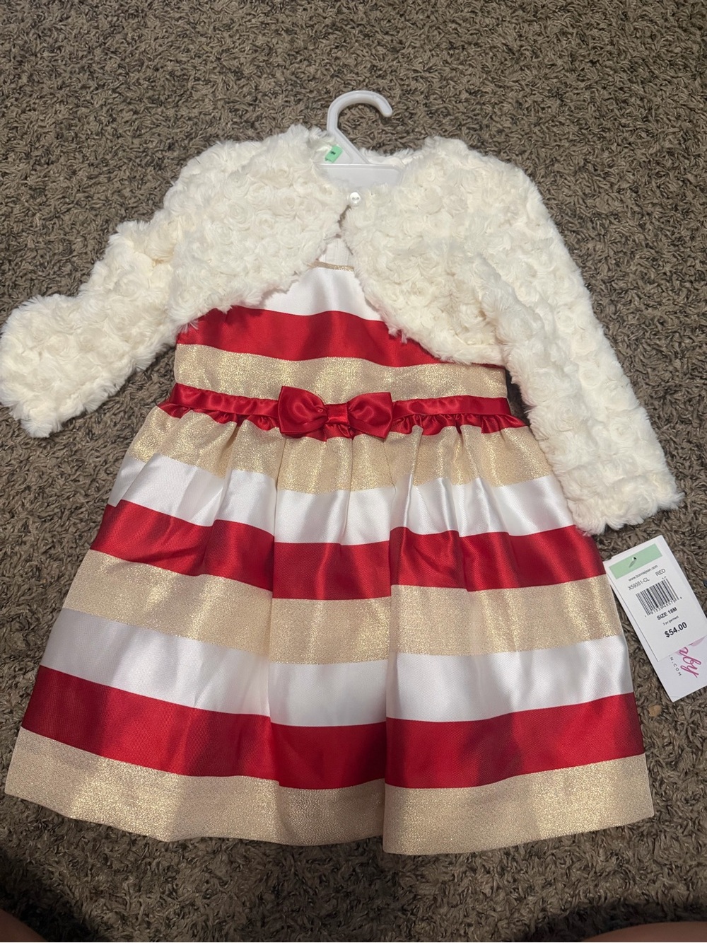 Girls Red & Gold Stripe Party Dress with Cream Faux-Fur Bolero